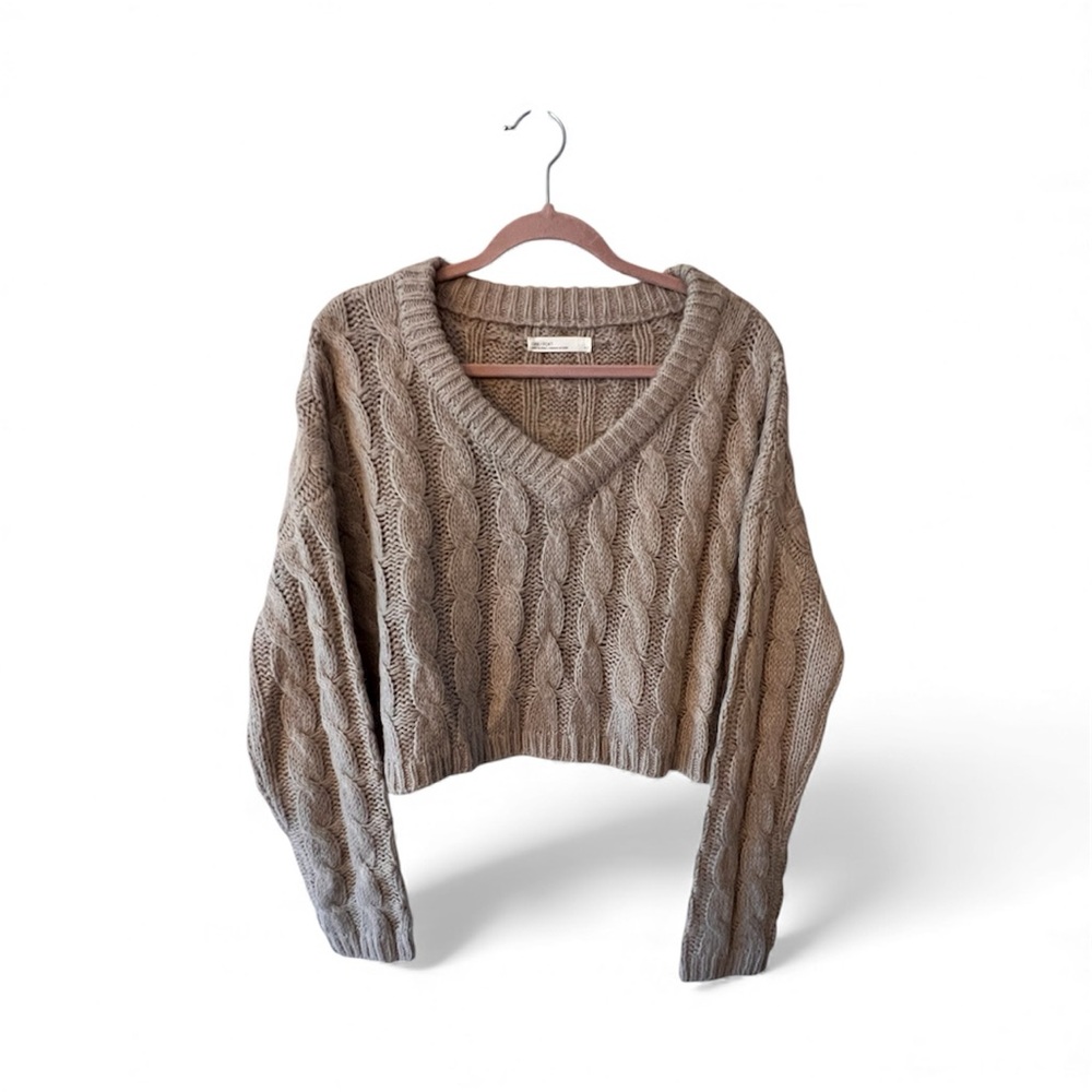 OAK + FORT Cropped Cable Knit Boxy V Neck Sweater Beige Sz Small